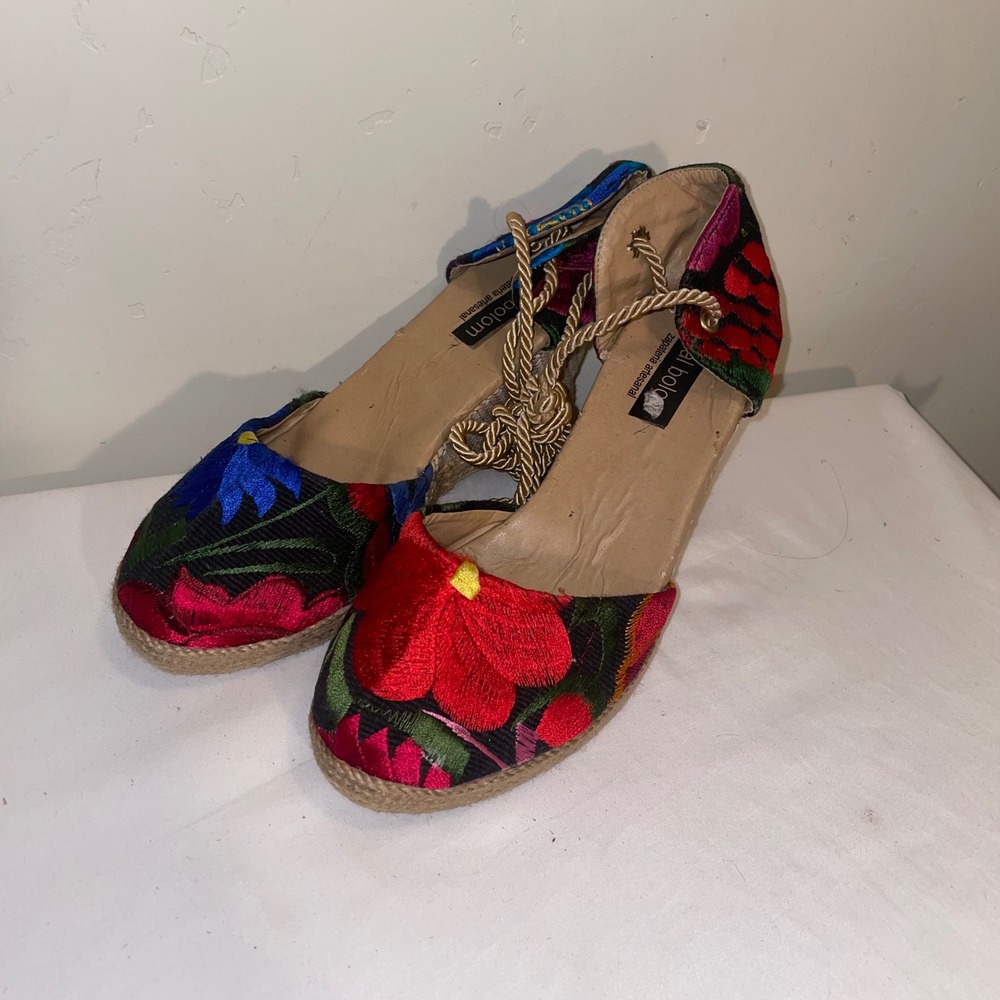 Ikal Bolom Floral Embroidered Espadrille Wedges Rope Lace Up Ankle Tie Multi 7